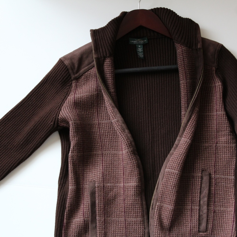 Ralph Lauren Sweater Jacket w Leather Shoulder top